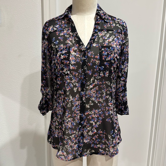 Express Sheer Floral Long Sleeve Collared Button-Up Top  with Sleeve Tabs - XS - Picture 1 of 11
